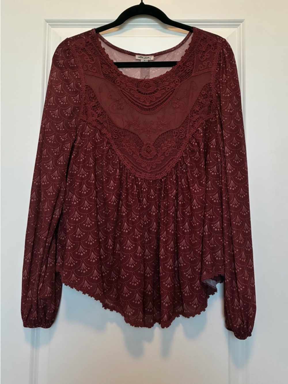 Ultra Pink Lace Yoke Long-Sleeve Blouse - Burgundy